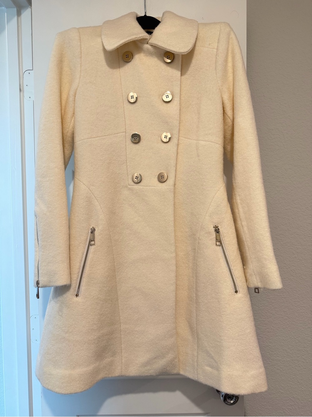 GUESS Women’s Small Ivory Wool Blend Double-Breasted Princess Coat